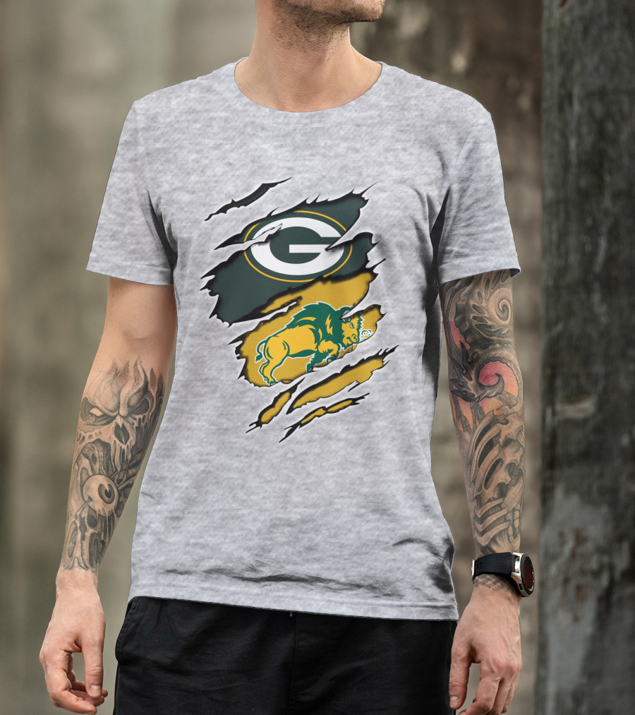 Packers Green And Gold G Logo With Dakota Bison Ripped T-Shirt
