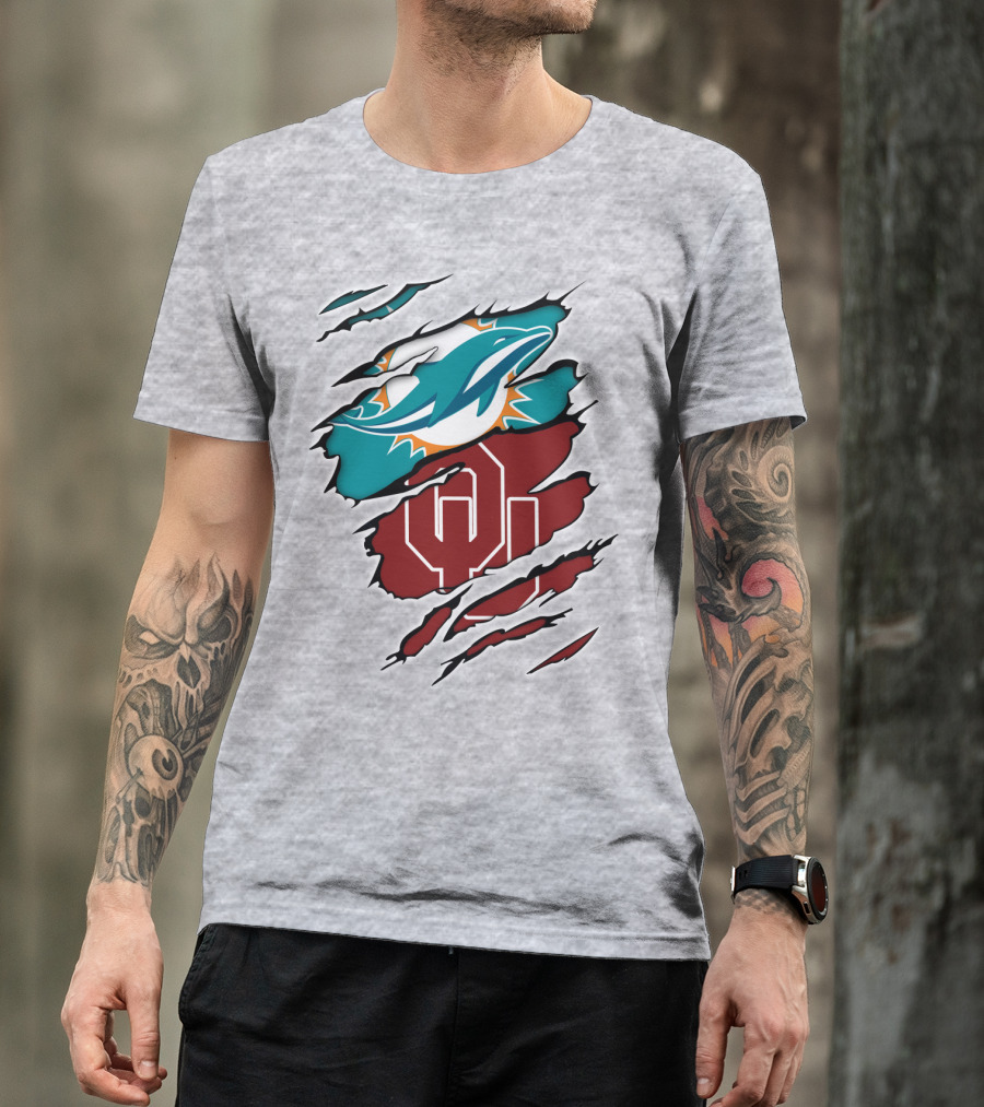 Miami Dolphins Oklahoma Sooners Teal Aqua Crimson Red Blend T-Shirt