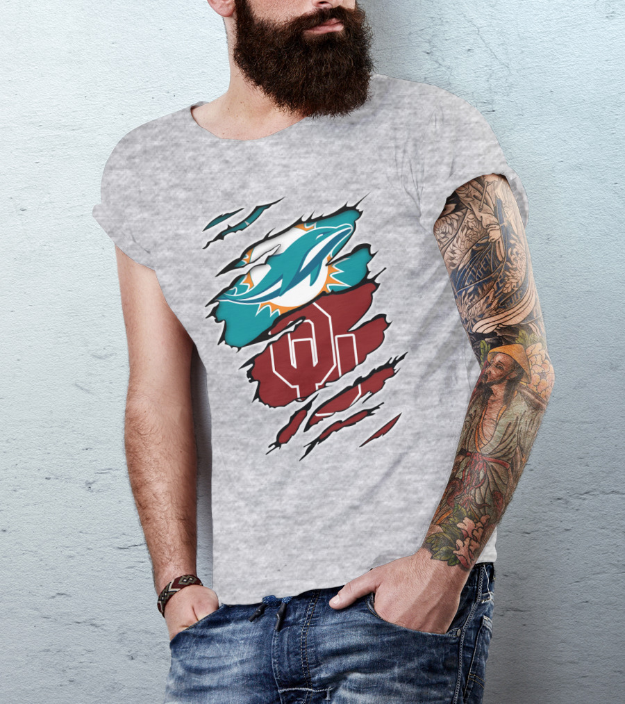 Miami Dolphins Oklahoma Sooners Teal Aqua Crimson Red Blend T-Shirt