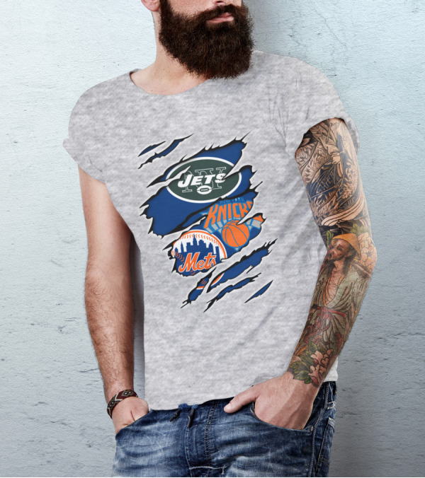 New York Jets Mets Knicks Logo Fusion NFL MLB NBA Team Pride T-Shirt