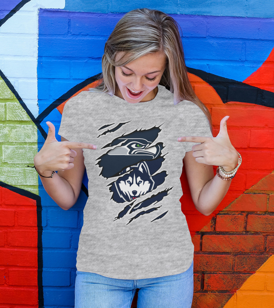 Seahawks Huskies Logo Mashup Aggressive Ripped T-Shirt