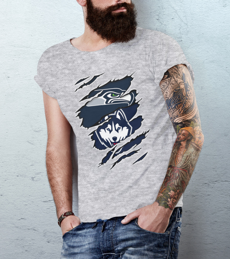 Seahawks Huskies Logo Mashup Aggressive Ripped T-Shirt