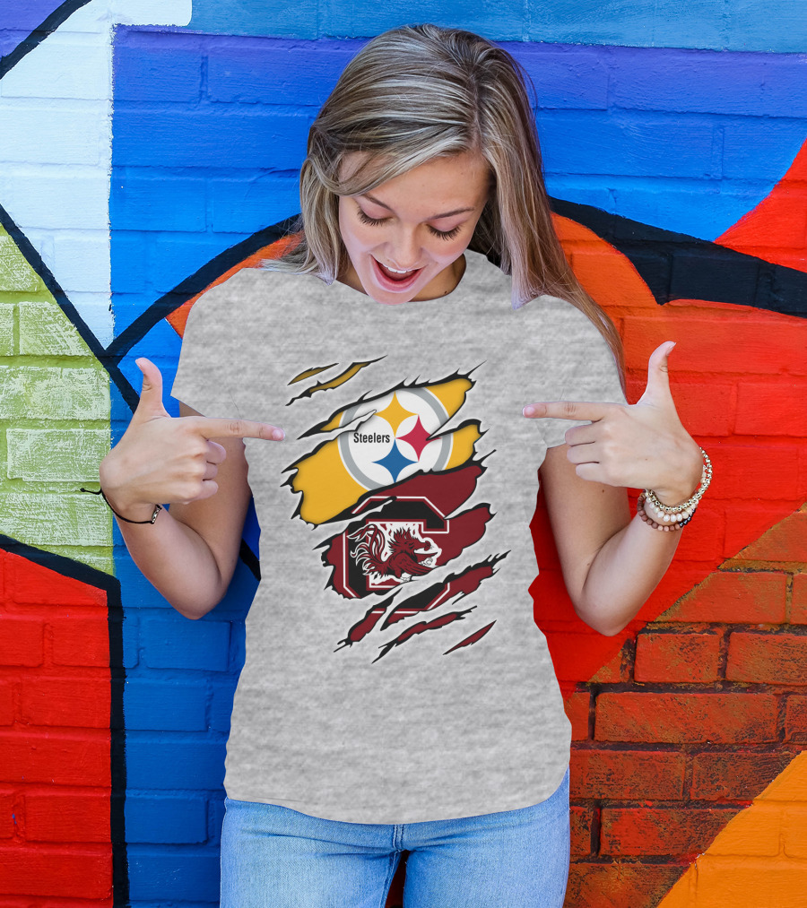 Steelers Gamecocks Logo Mashup With Scratch Marks T-Shirt