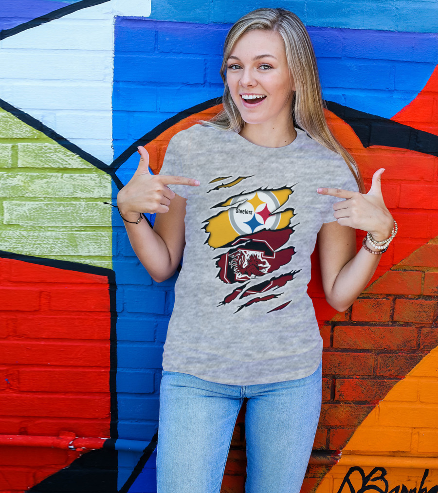 Steelers Gamecocks Logo Mashup With Scratch Marks T-Shirt
