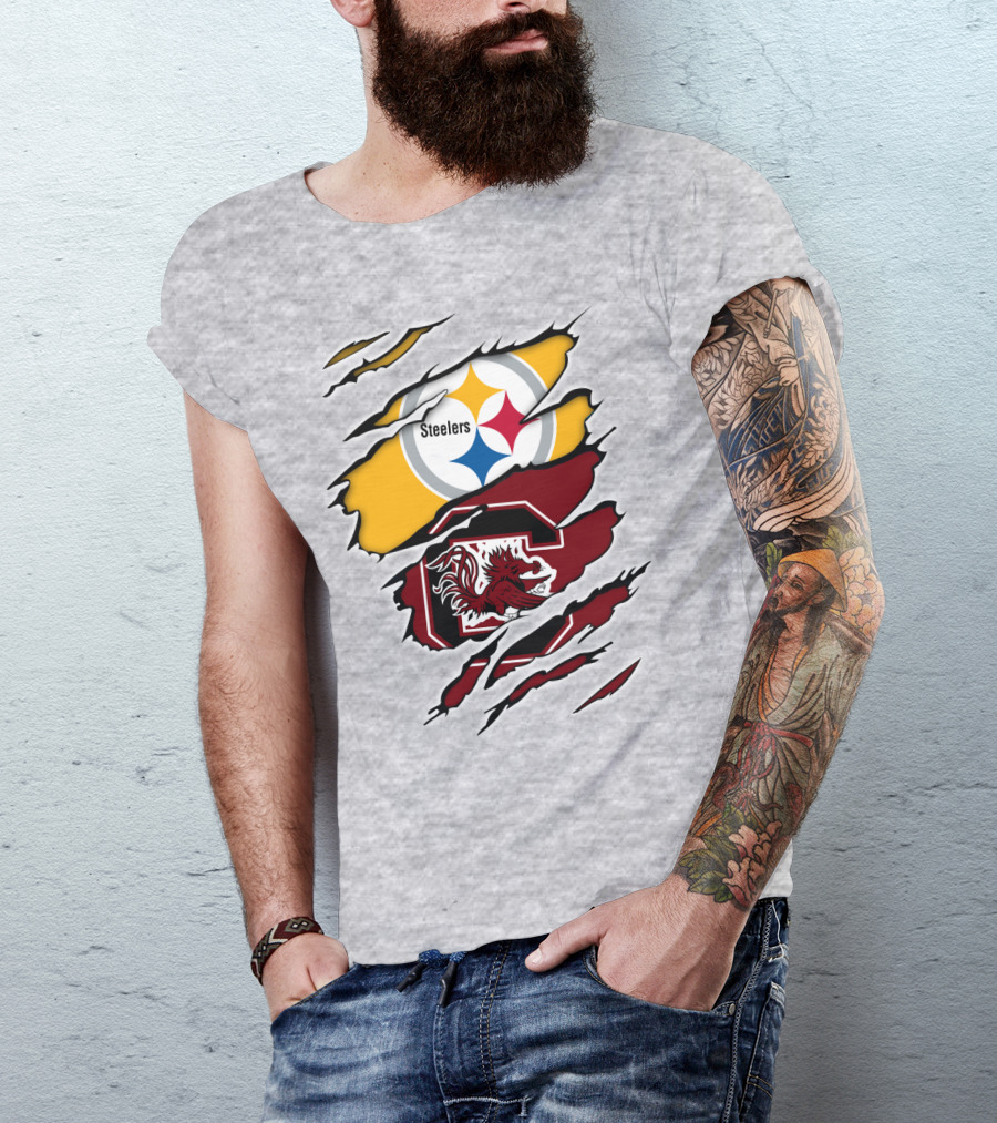 Steelers Gamecocks Logo Mashup With Scratch Marks T-Shirt