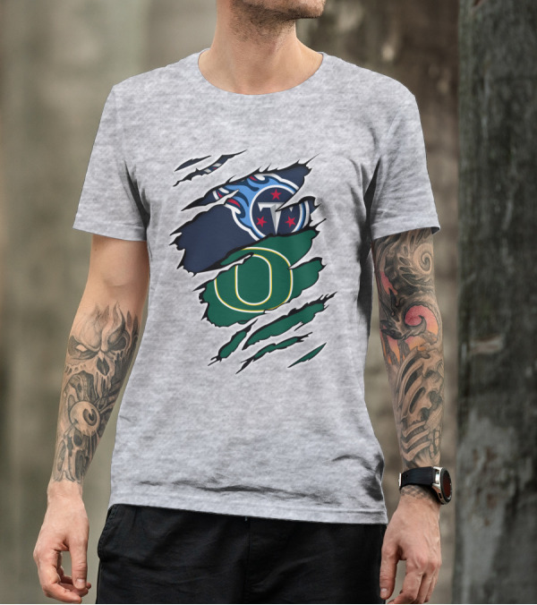 Tennessee Titans And Oregon Ducks Ripped Logo Claw Marks T-Shirt
