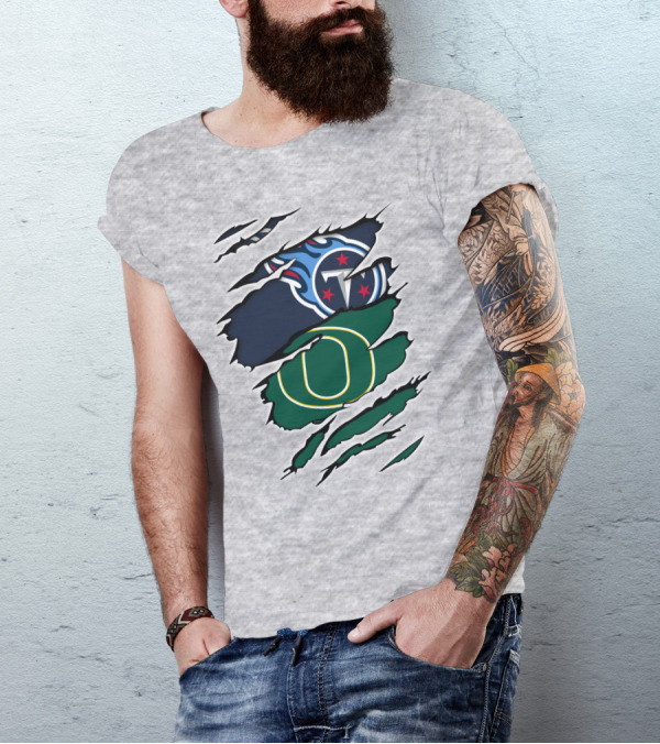 Tennessee Titans And Oregon Ducks Ripped Logo Claw Marks T-Shirt