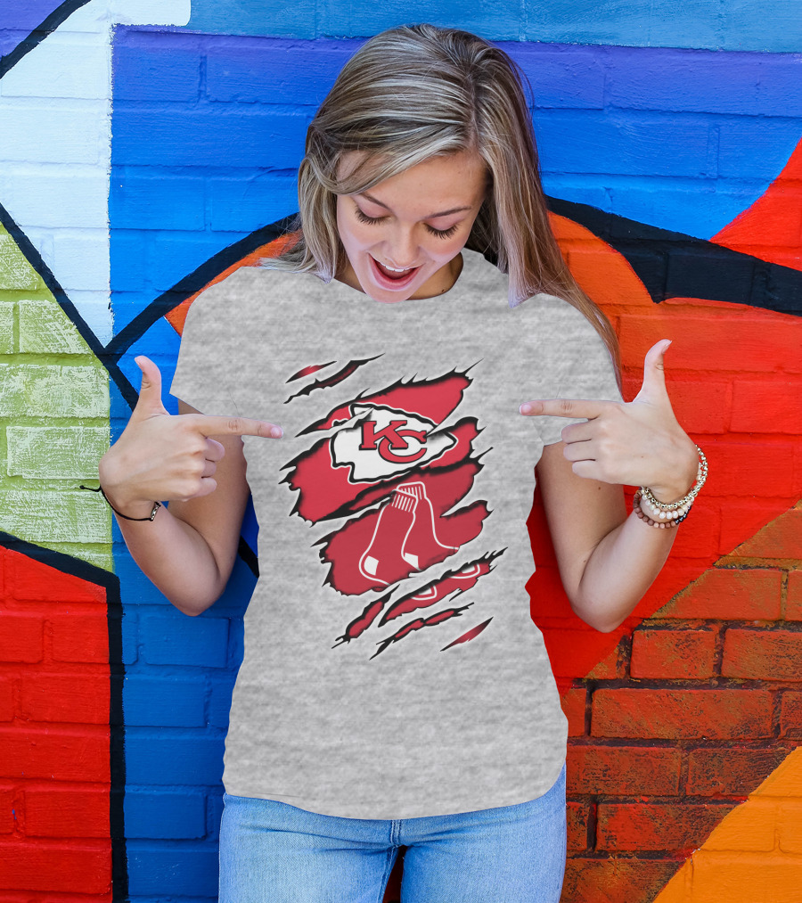 Chiefs Redsox KC Logo And Sox Emblem Torn T-Shirt