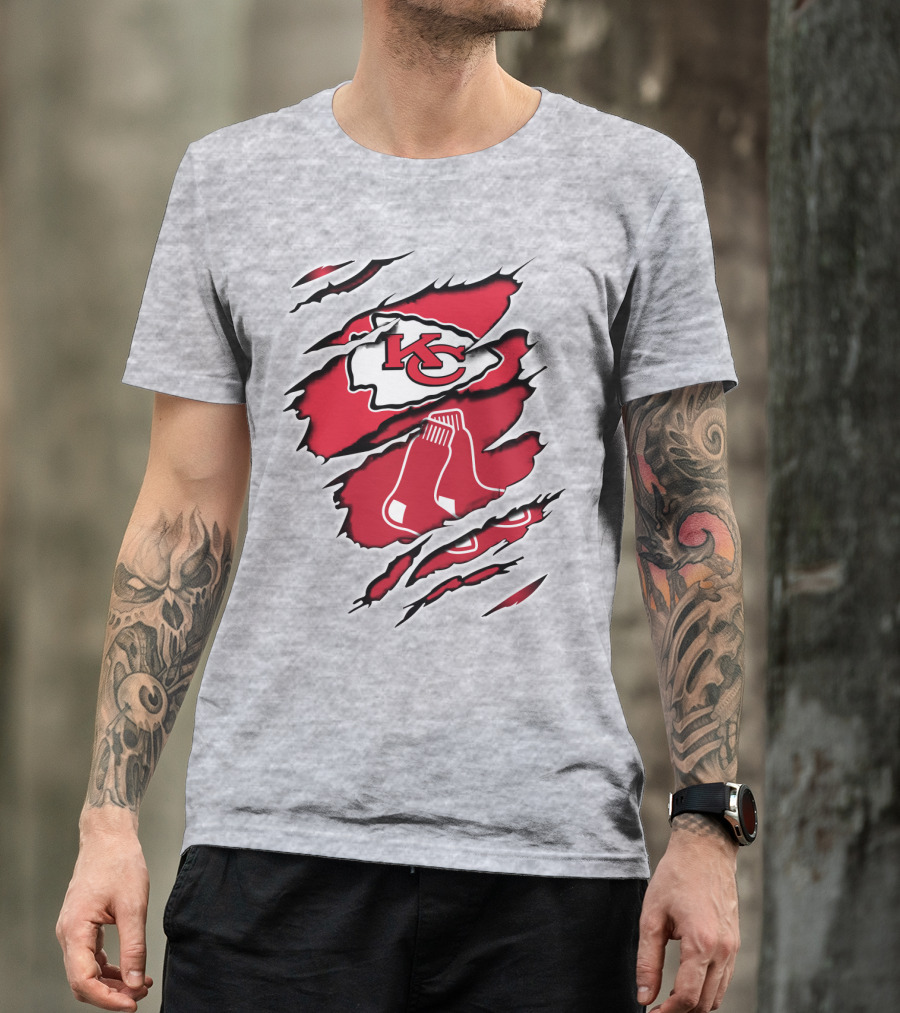 Chiefs Redsox KC Logo And Sox Emblem Torn T-Shirt