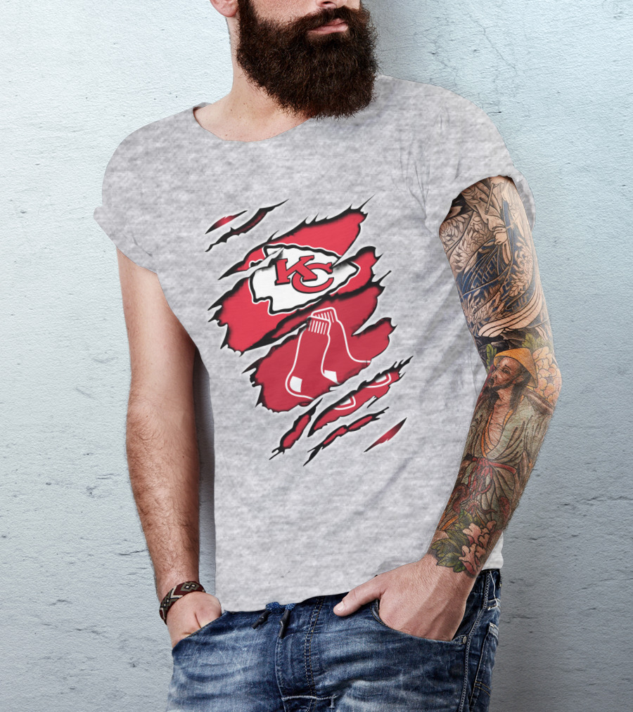 Chiefs Redsox KC Logo And Sox Emblem Torn T-Shirt