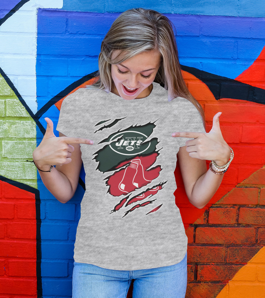 Jets Redsox Torn Logos Green Football Red Socks T-Shirt