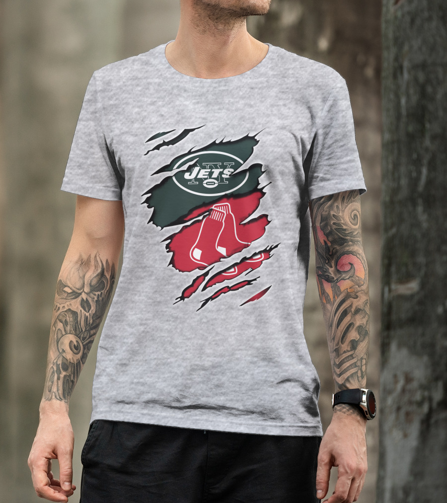 Jets Redsox Torn Logos Green Football Red Socks T-Shirt