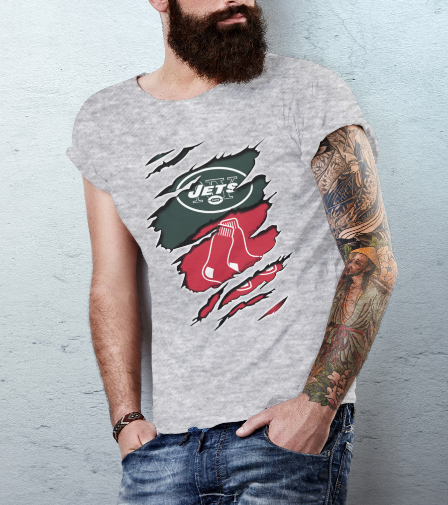 Jets Redsox Torn Logos Green Football Red Socks T-Shirt