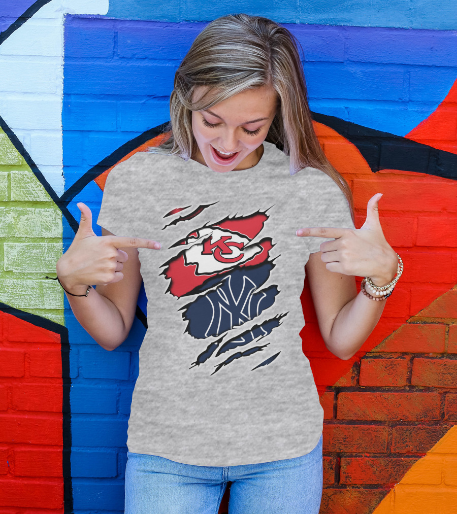 Chiefs Yankees KC NY Hybrid Logo Ripped T-Shirt