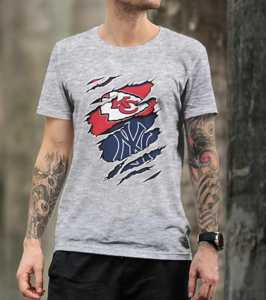 Chiefs Yankees KC NY Hybrid Logo Ripped T-Shirt