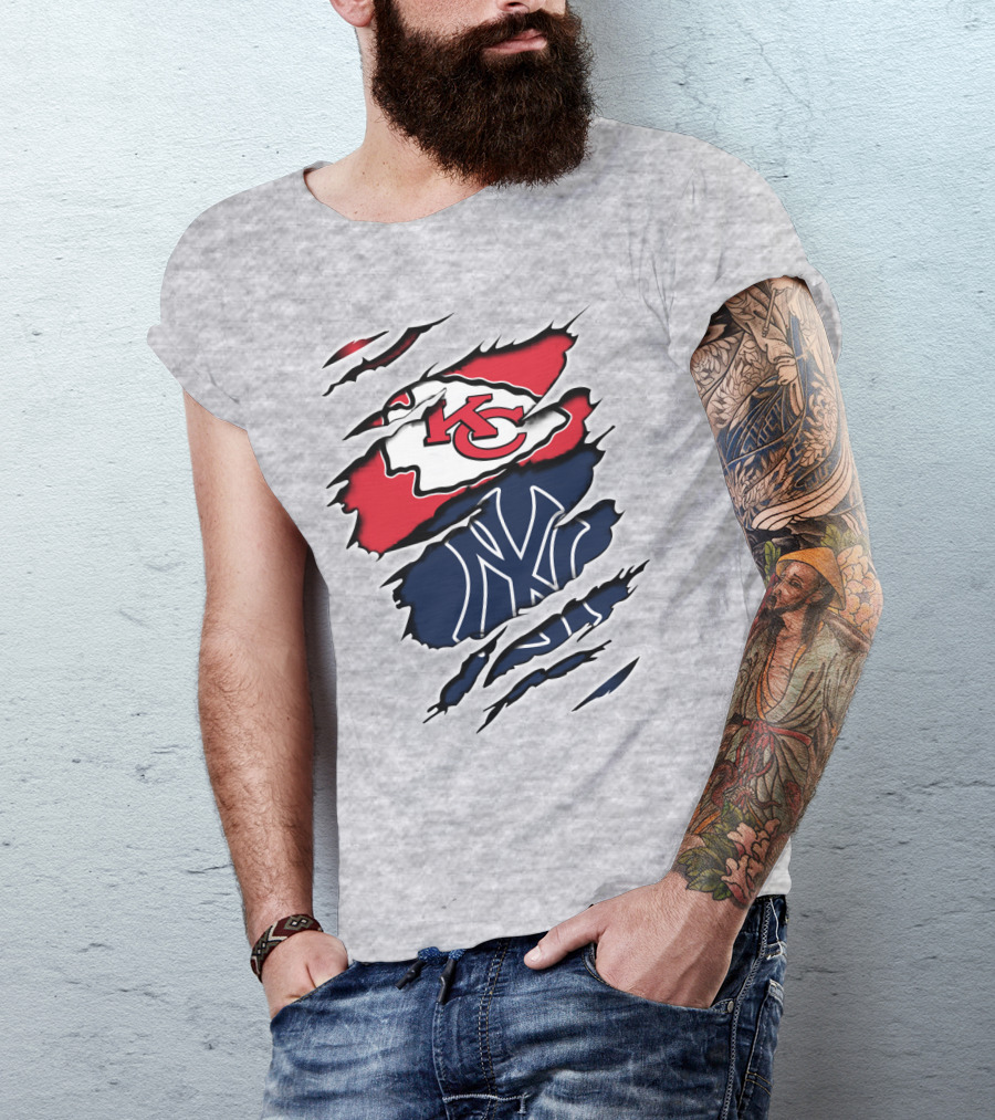 Chiefs Yankees KC NY Hybrid Logo Ripped T-Shirt