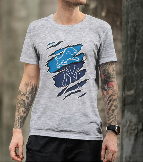 Detroit Lions And New York Yankees Ripped Claw T-Shirt
