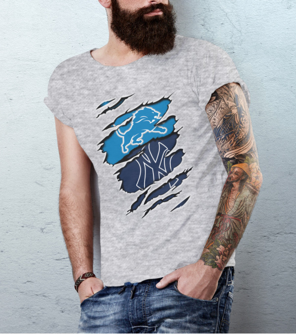 Detroit Lions And New York Yankees Ripped Claw T-Shirt