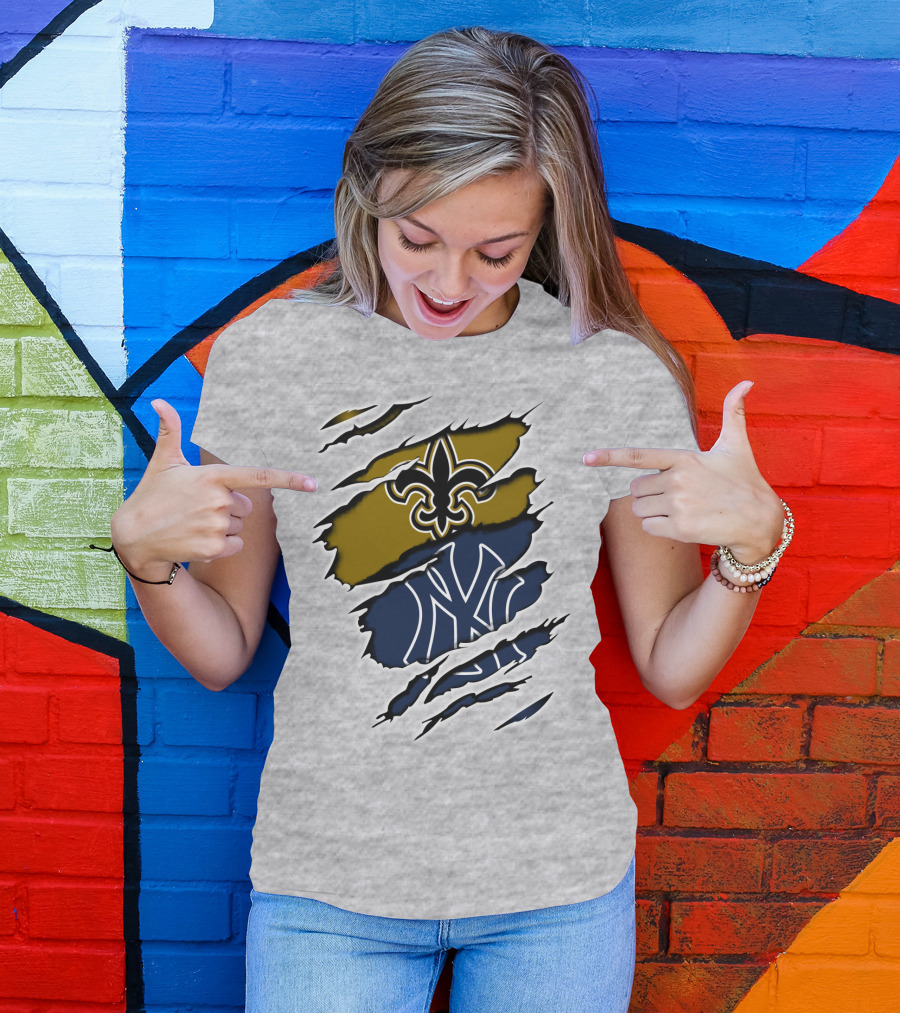 Saints New York Yankees Fleur-De-Lis Ny Pinstripes Logos T-Shirt