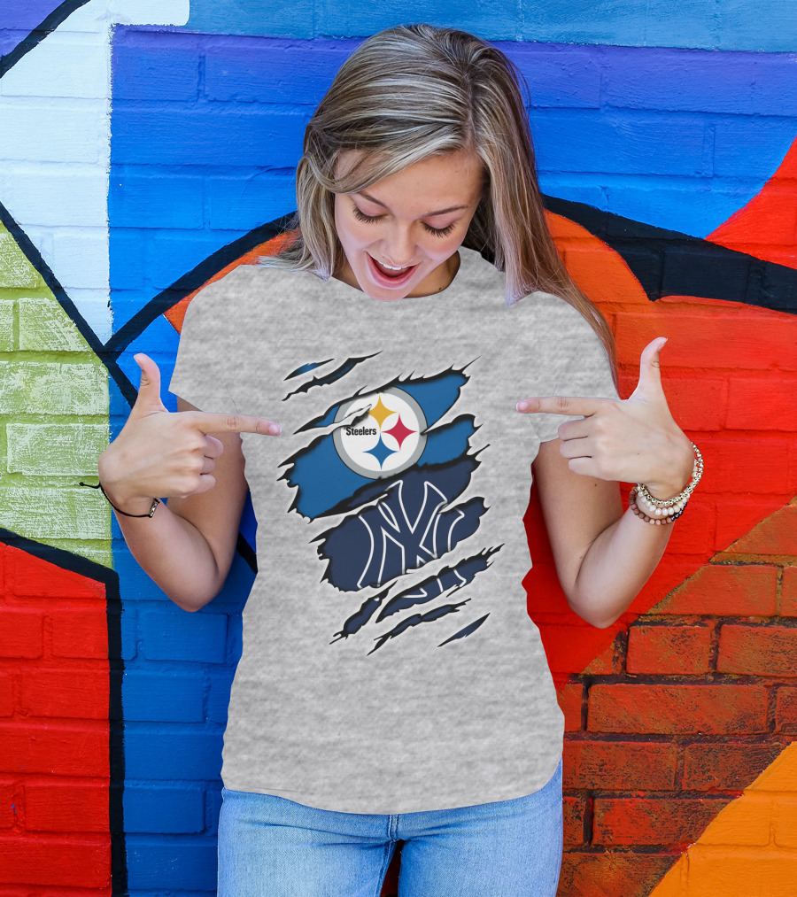 Steelers Yankees Logo Fusion Ripped Effect T-Shirt
