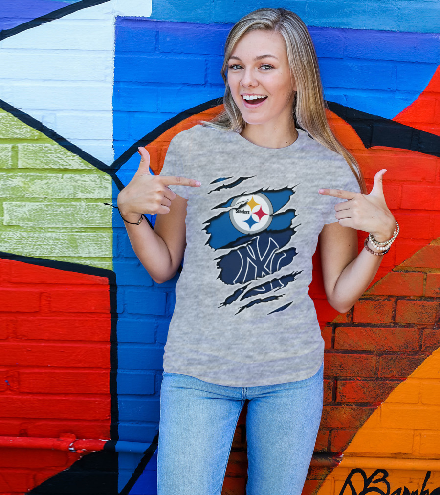 Steelers Yankees Logo Fusion Ripped Effect T-Shirt