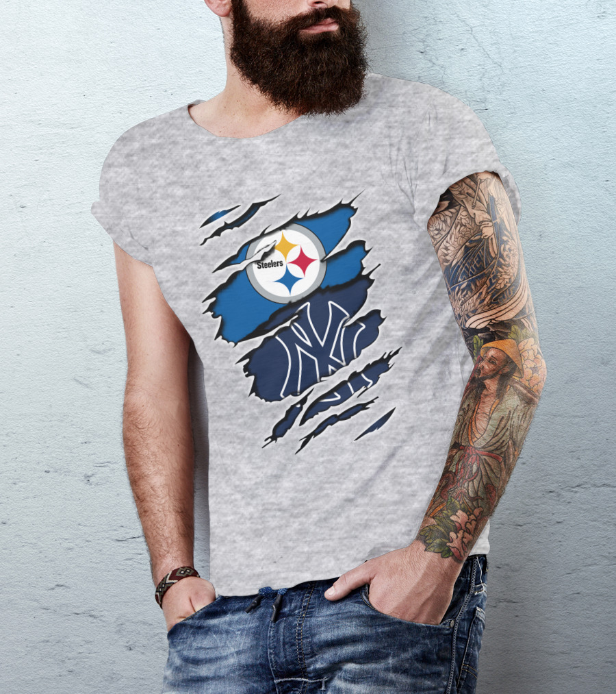Steelers Yankees Logo Fusion Ripped Effect T-Shirt