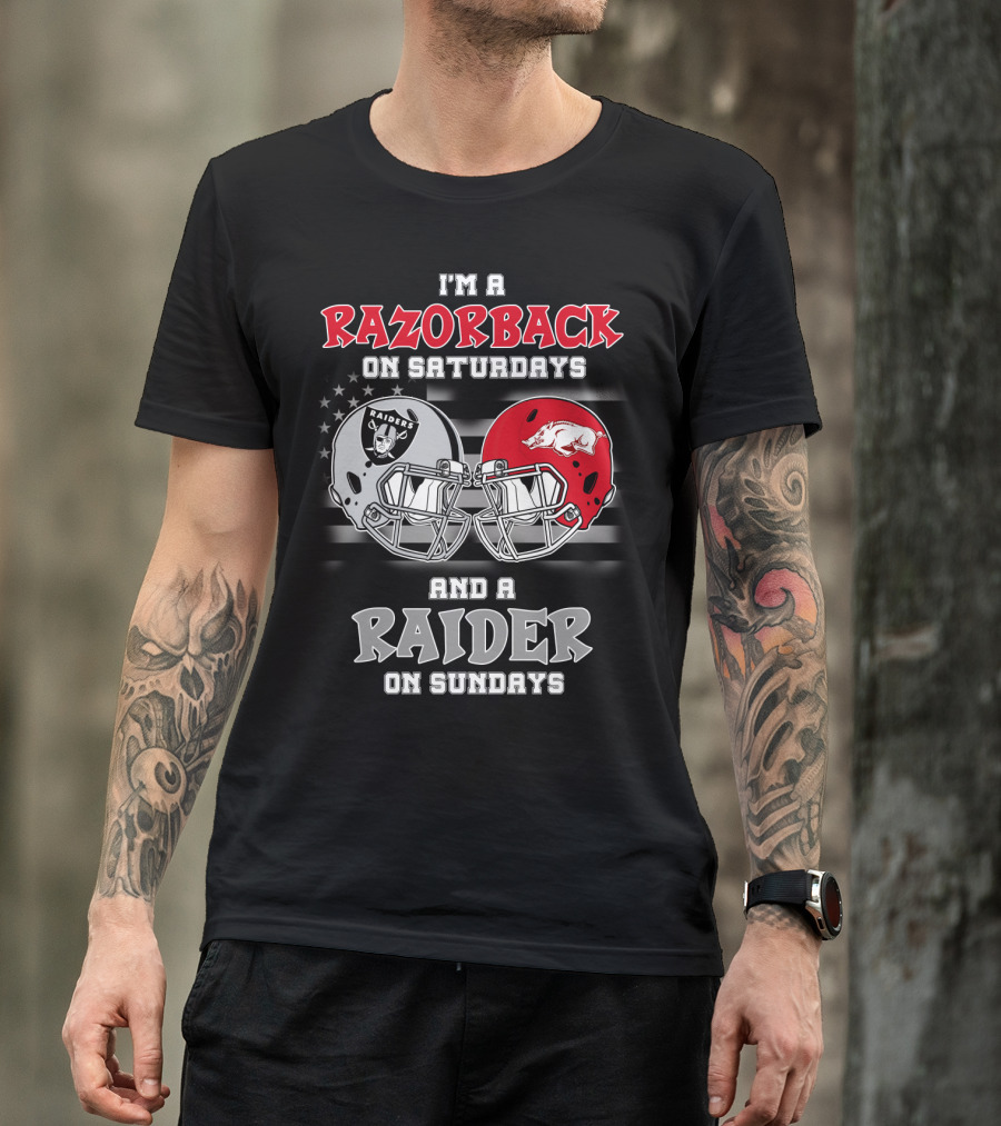 I'm A Razorback On Saturdays And A Raider On Sundays Razorbacks Raiders Helmet T-Shirt