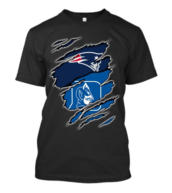 New England Patriots And Duke Blue Devils Logos In Claw Marks T-Shirt