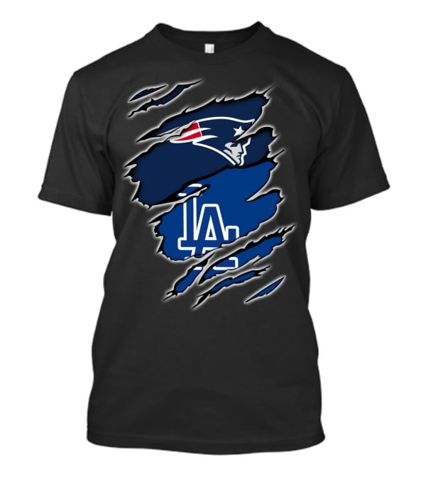 Patriots And LA Dodgers Logos In Torn Fabric T-Shirt