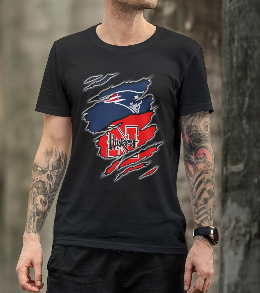 Patriots Logo With Huskers Nebraska N And Huskers Text In Torn T-Shirt
