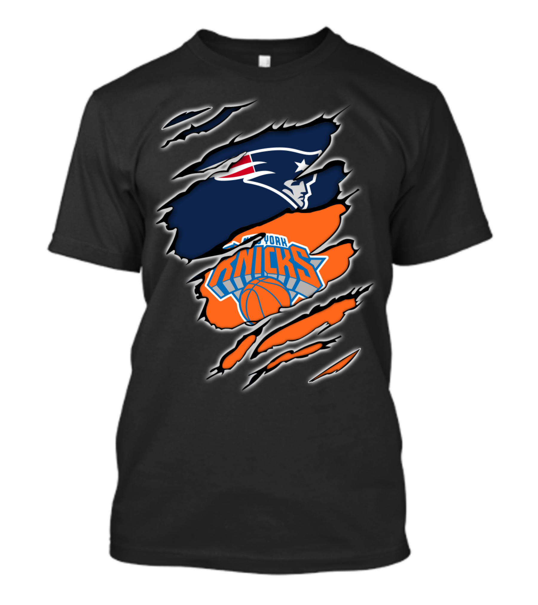 Patriots Emblem Overlaid With New York Knicks Basketball Motif T-Shirt