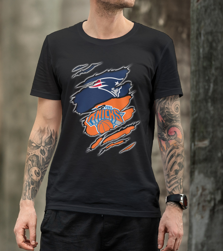 Patriots Emblem Overlaid With New York Knicks Basketball Motif T-Shirt