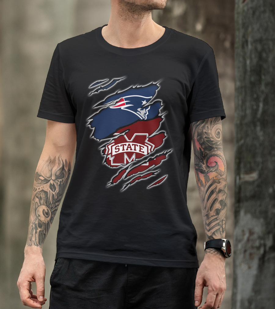 Patriots Face And MS State Logo Claw Rips T-Shirt