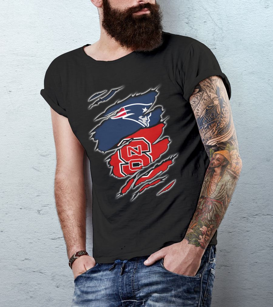 Ripped Design Featuring Patriots Logo And NC State Wolfpack T-Shirt