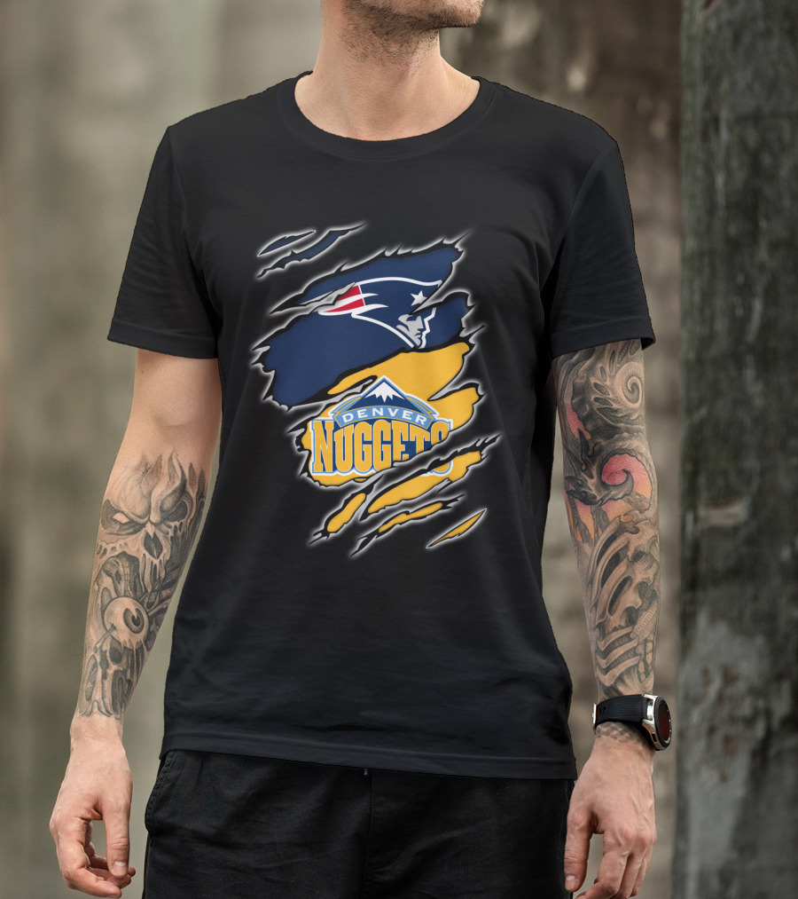 New England Patriots And Denver Nuggets Logos Mashup T-Shirt