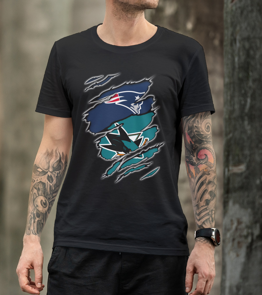 Patriots And Sharks Logos Inside Claw Marks T-Shirt