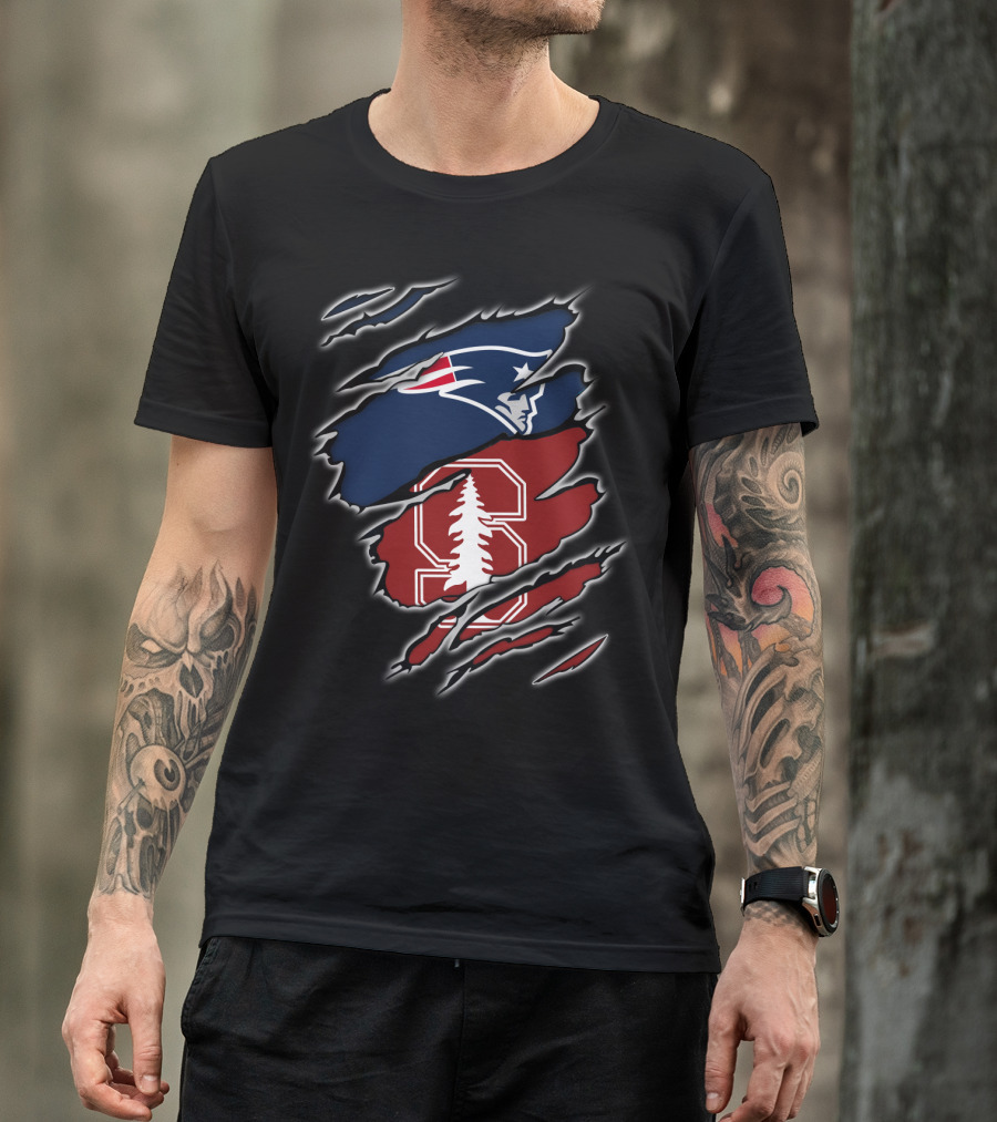New England Patriots And Stanford Cardinal Logos In Torn T-Shirt