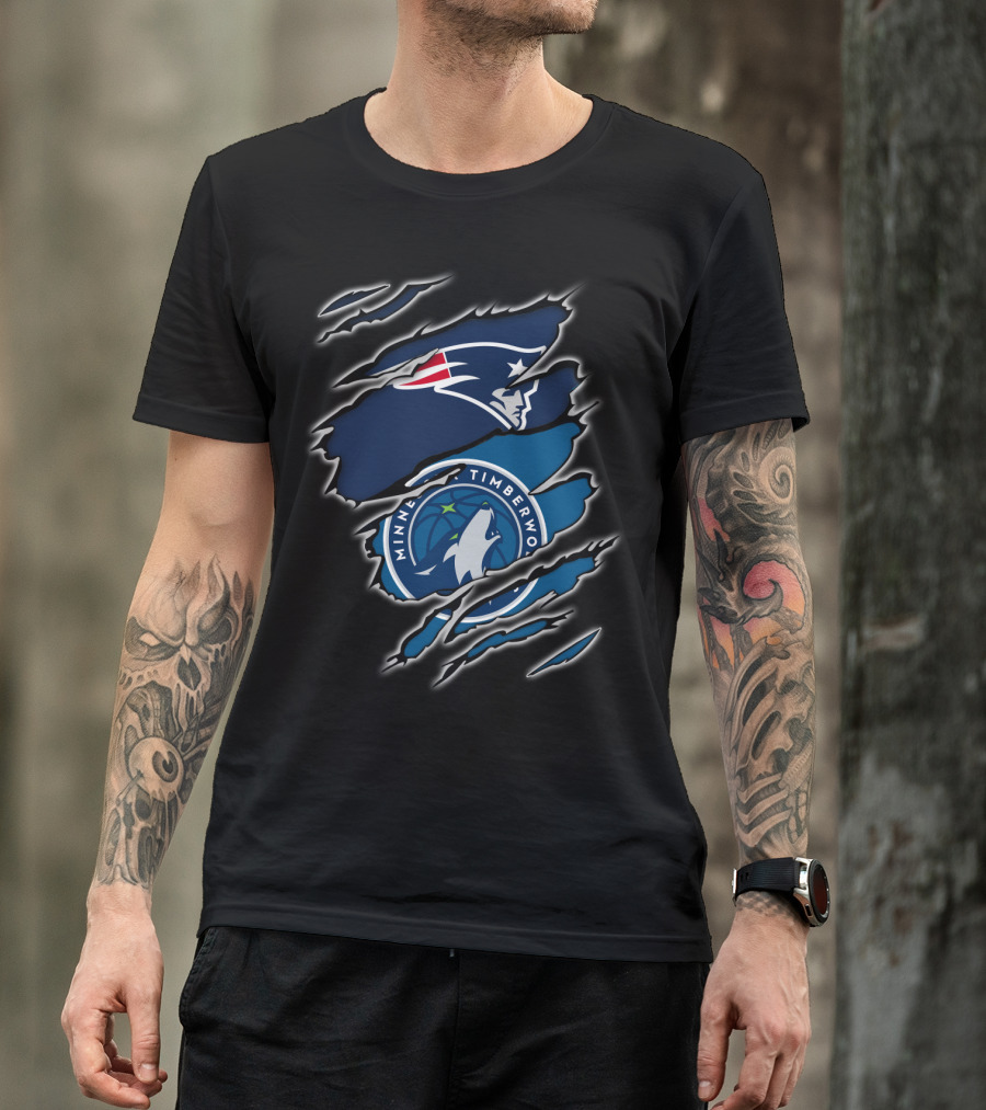New England Patriots And Minnesota Timberwolves Logos Claw Rip T-Shirt