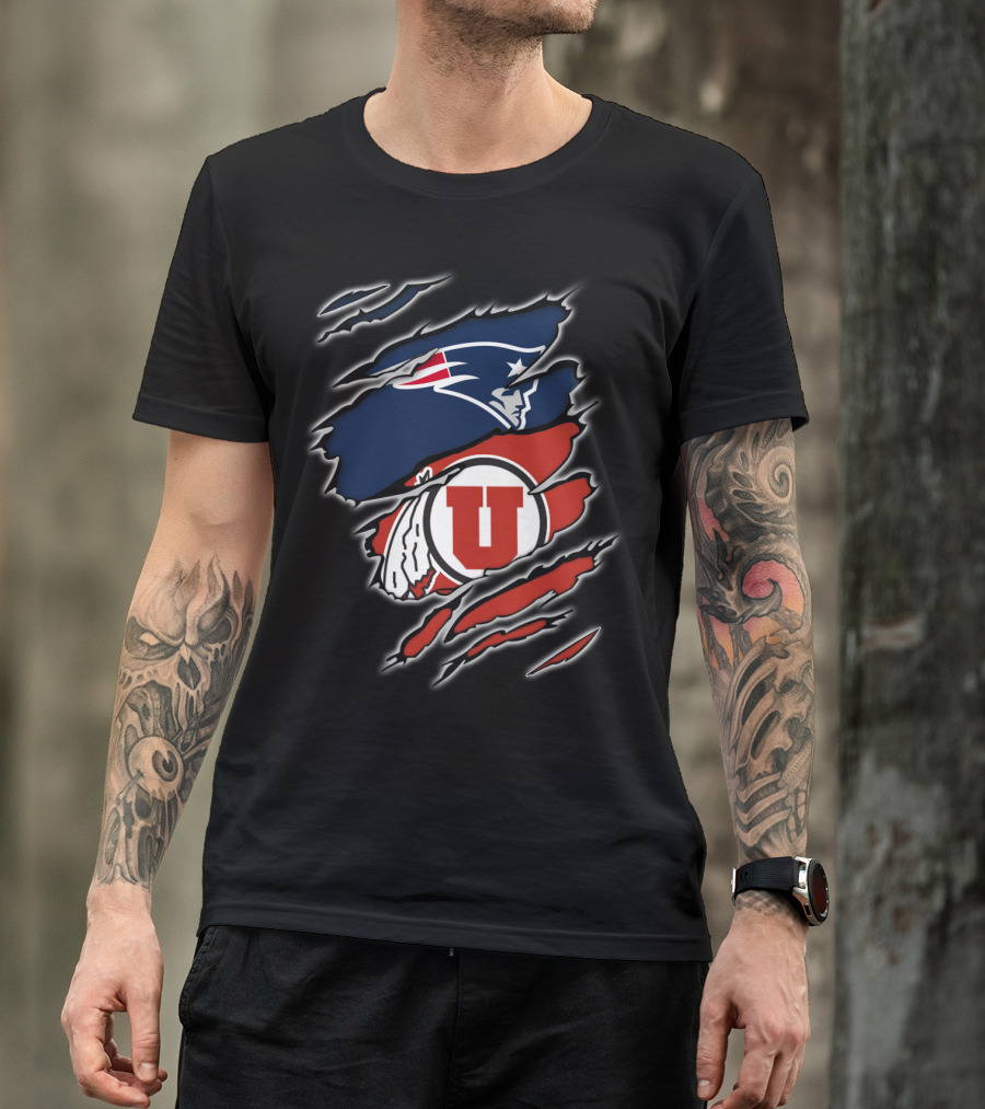 New England Patriots And Utah Utes Torn Ripped Combo T-Shirt