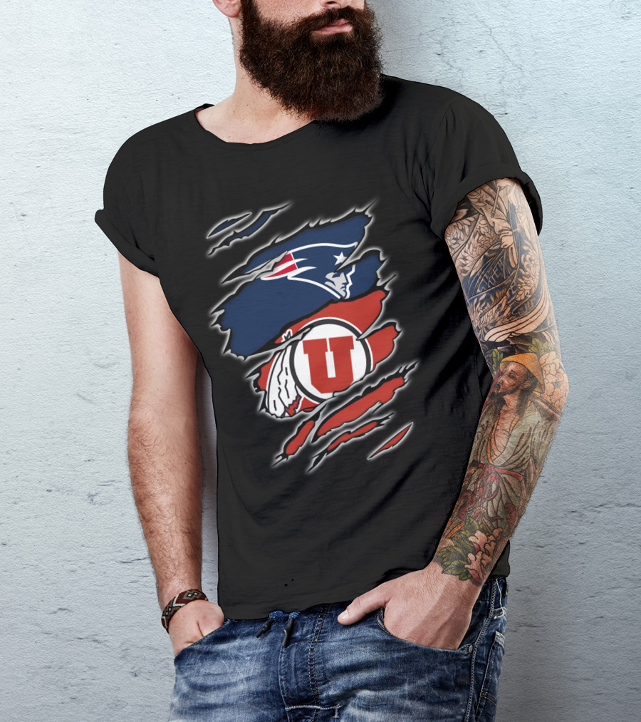 New England Patriots And Utah Utes Torn Ripped Combo T-Shirt