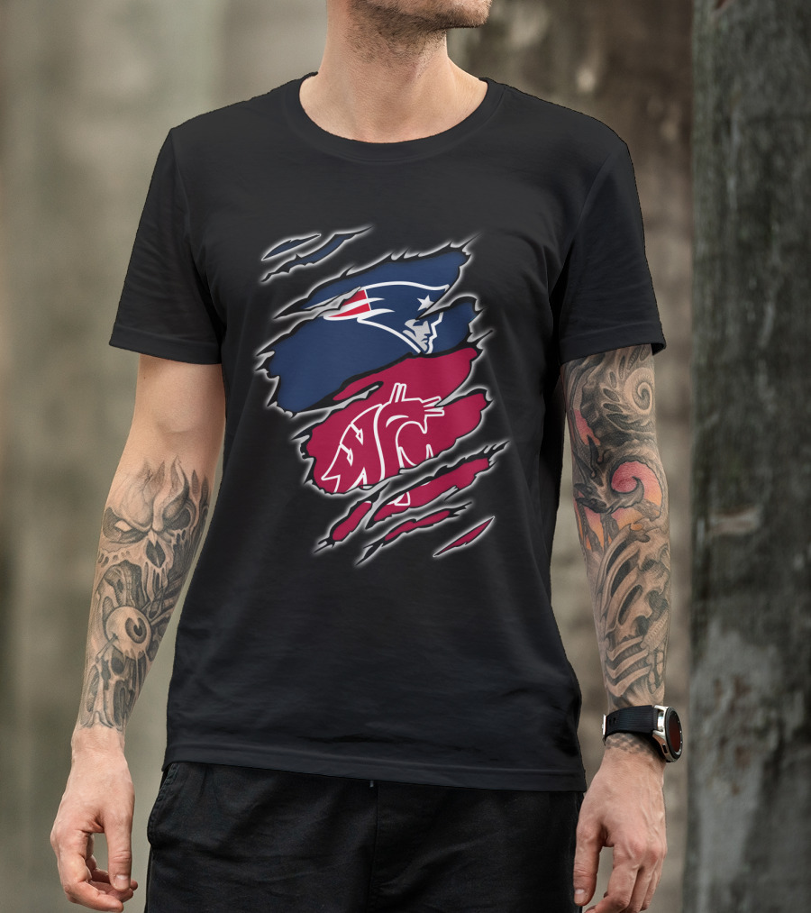 Patriots New England And Washington State Cougars Logos Torn T-Shirt