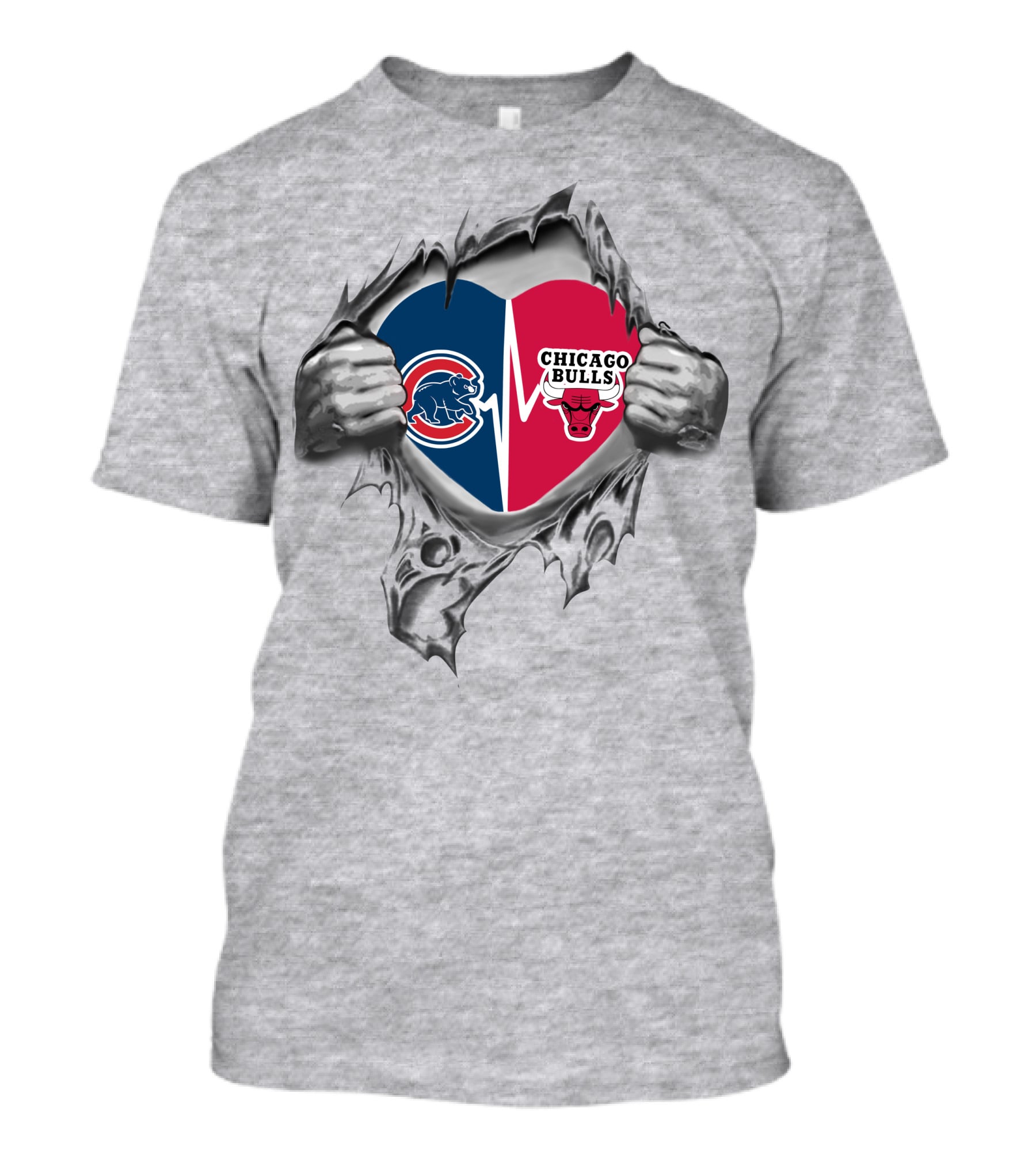 Chicago Cubs Chicago Bulls Heart Logo Torn Reveal T-Shirt
