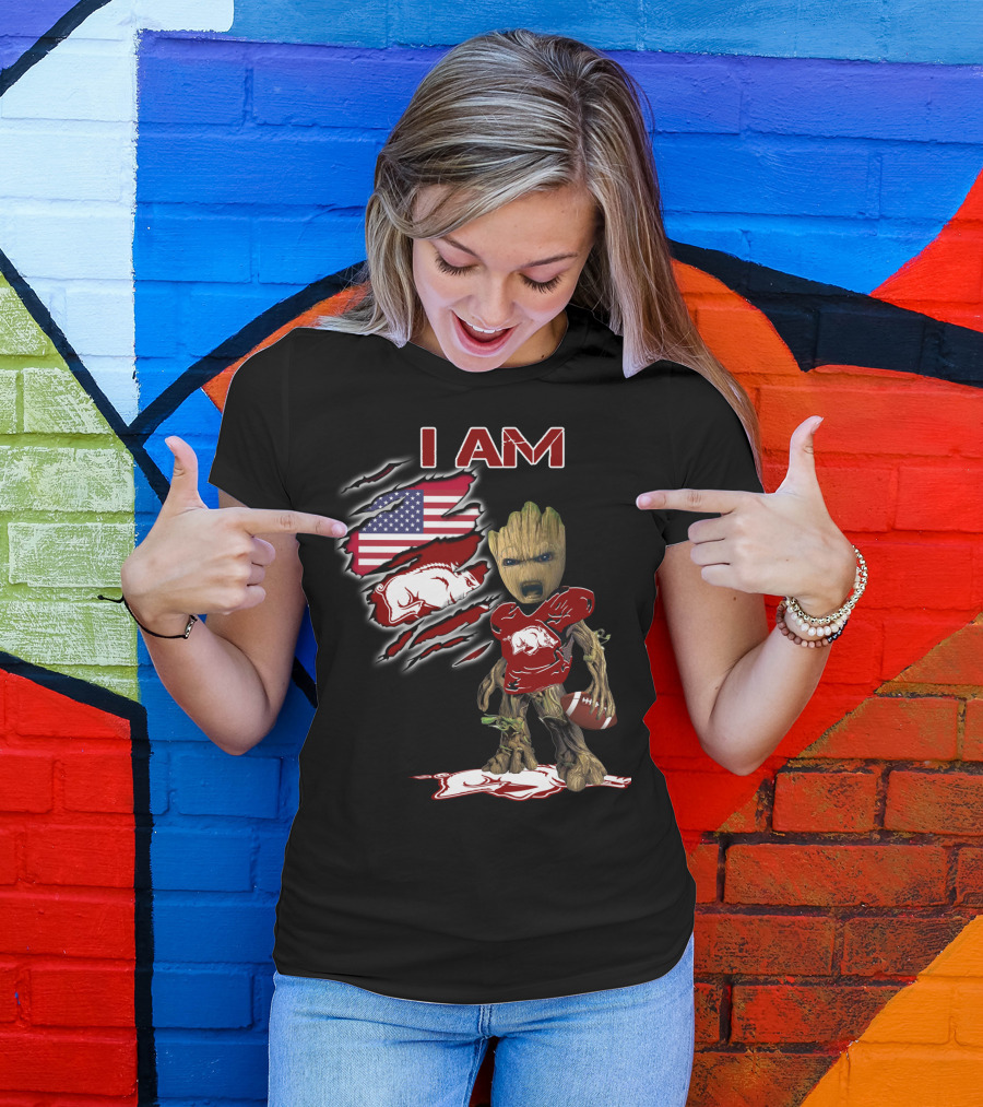 I Am Baby Groot Arkansas Razorbacks Football American Flag T-Shirt