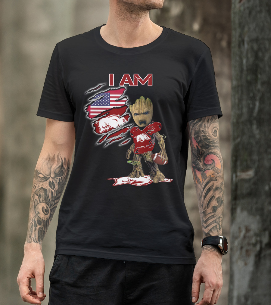 I Am Baby Groot Arkansas Razorbacks Football American Flag T-Shirt