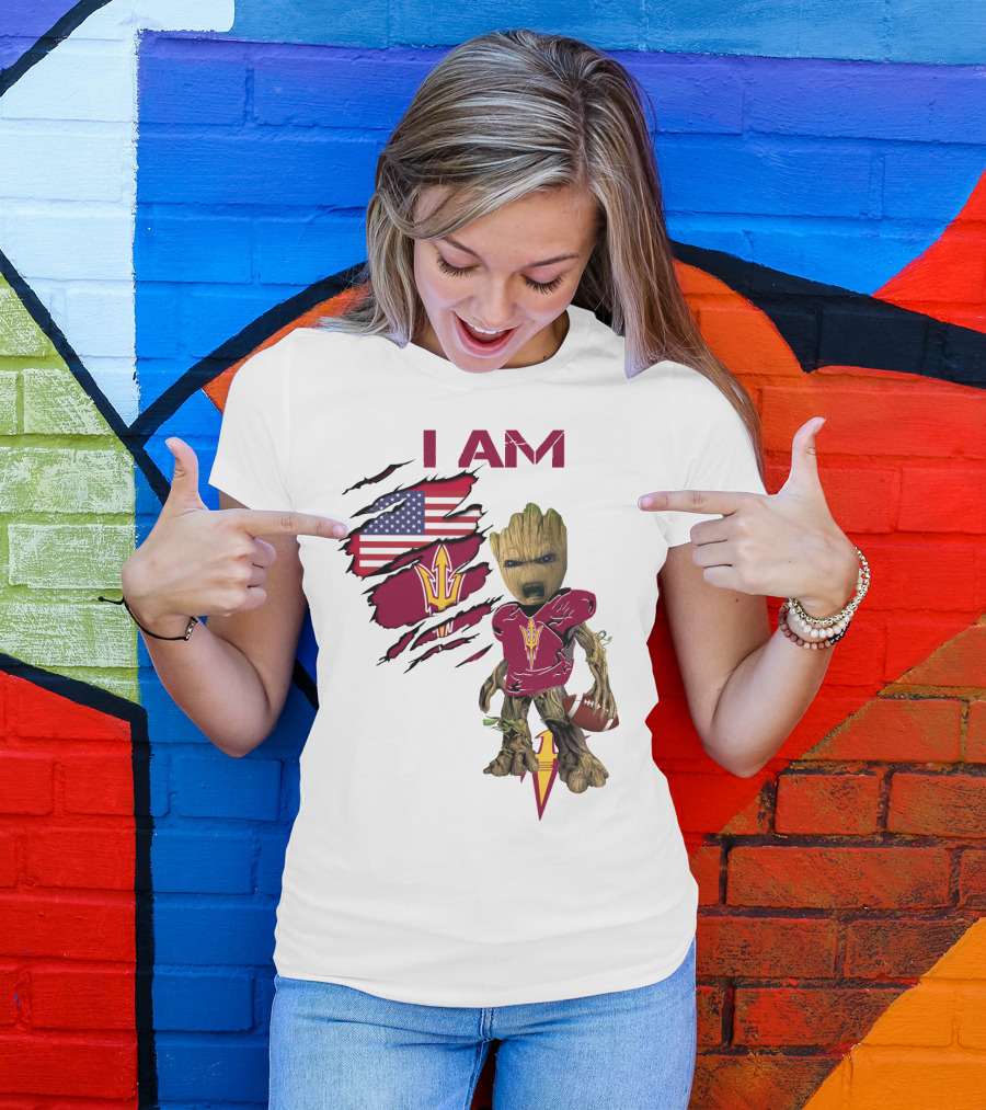 I Am ASU Baby Groot Football American Flag T-Shirt