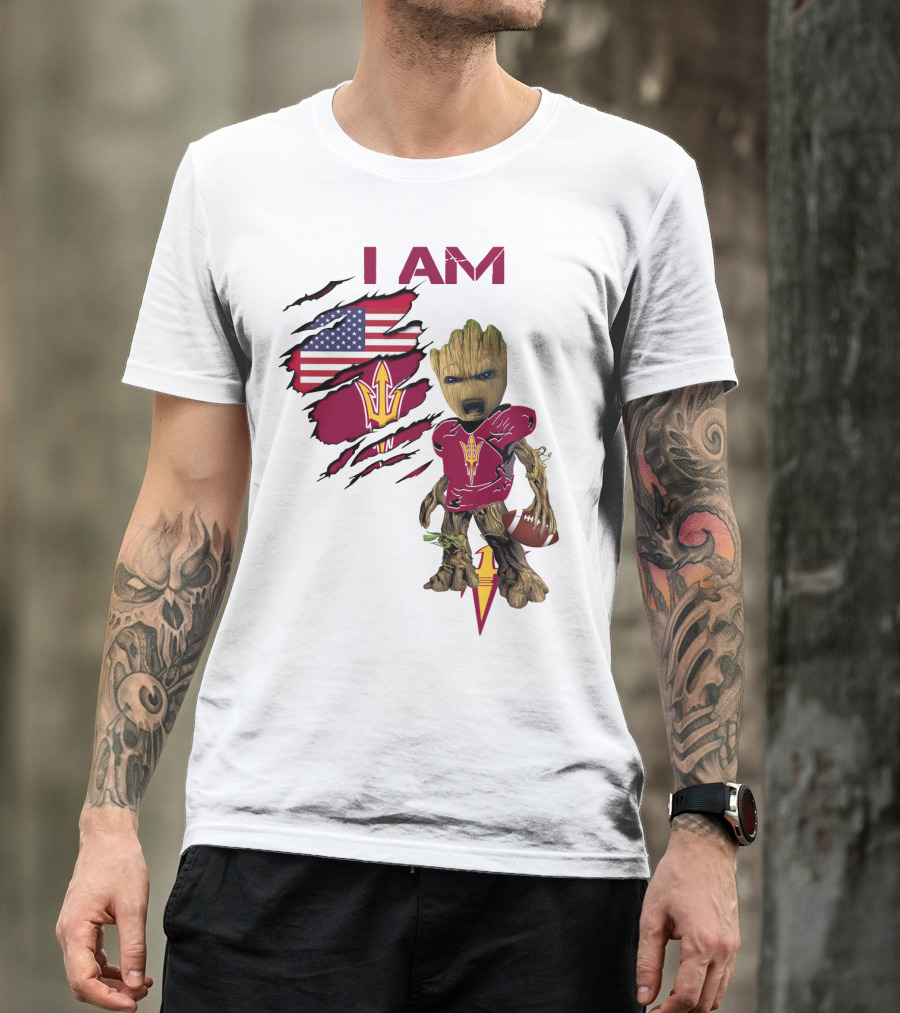 I Am ASU Baby Groot Football American Flag T-Shirt