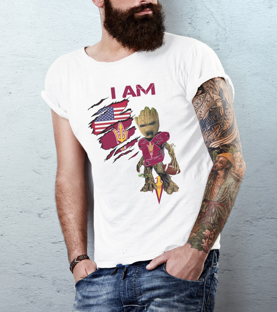 I Am ASU Baby Groot Football American Flag T-Shirt