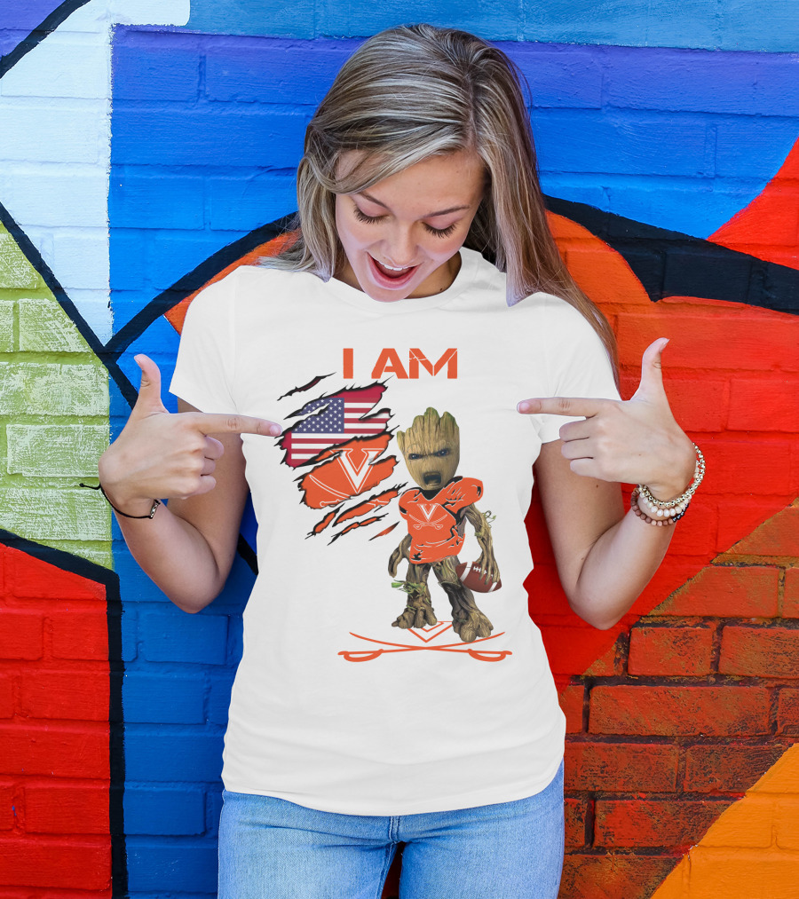 I Am Baby Groot Virginia Cavaliers Football Fan USA Flag T-Shirt