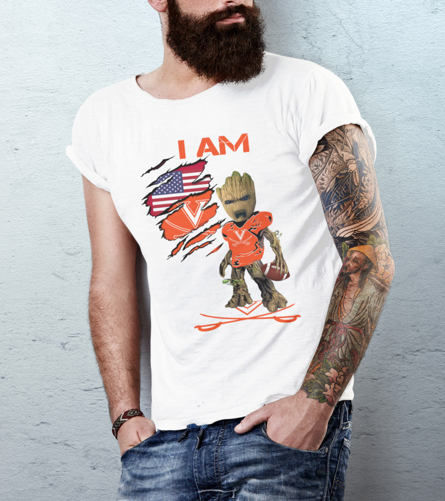 I Am Baby Groot Virginia Cavaliers Football Fan USA Flag T-Shirt