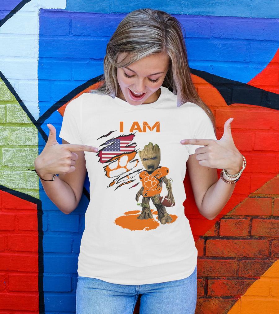 I AM Clemson Baby Groot American Flag Tiger Paw Football T-Shirt